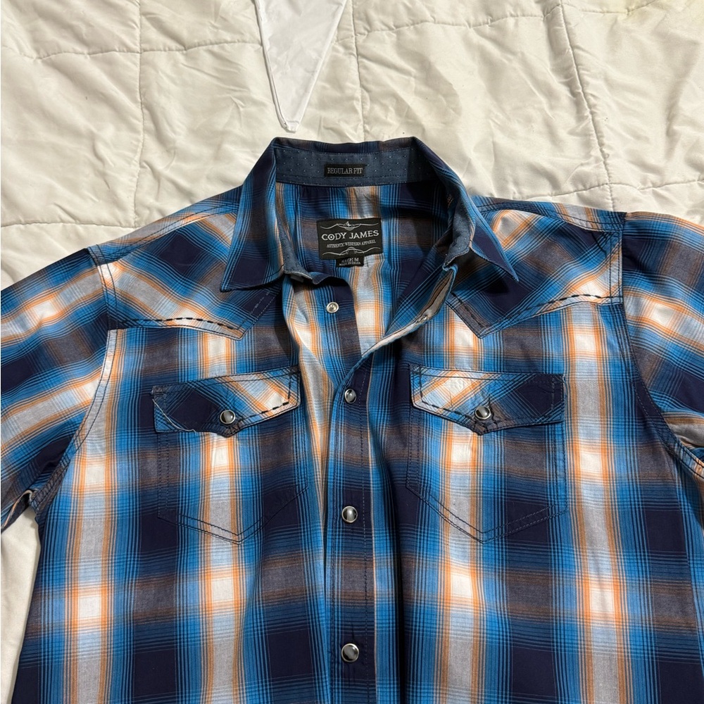 Blue and Orange Casual Button Down Shirt with Plaid Design
